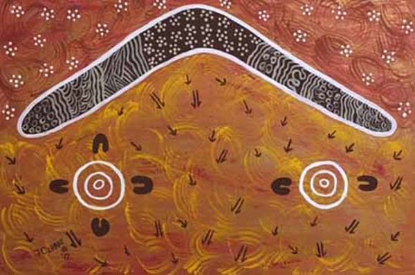 The boomerangs represent the returning of everything. The circle is the waterhole. The lines and earth colours are the land.